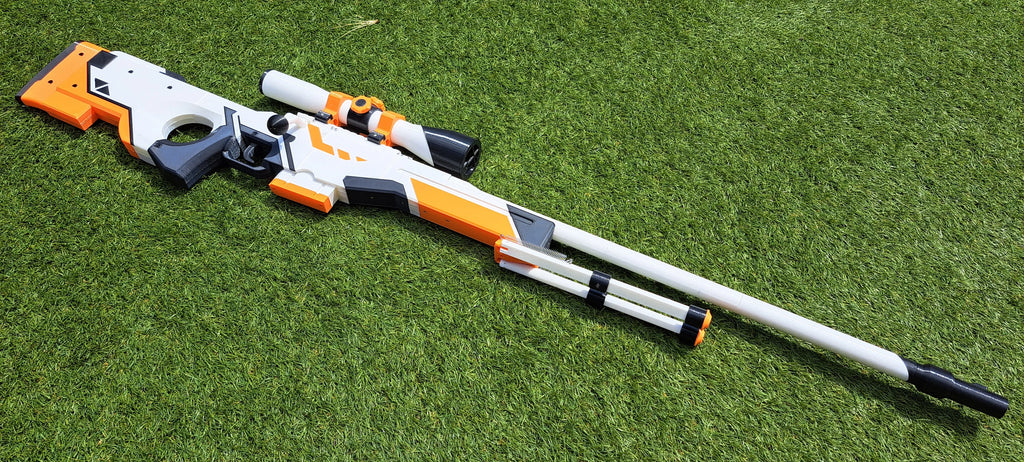 Pusca AWP Asiimov, Counter Strike 2, marime reala, 120 cm, mecanism lansare elastice, distanta pana la 15m, jucarie interactiva & pentru colectionari