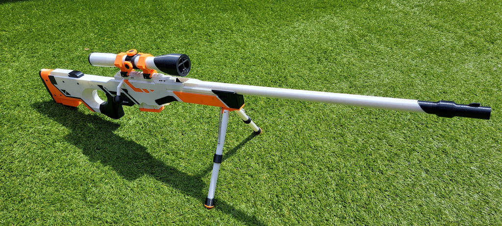 Pusca AWP Asiimov, Counter Strike 2, marime reala, 120 cm, mecanism lansare elastice, distanta pana la 15m, jucarie interactiva & pentru colectionari