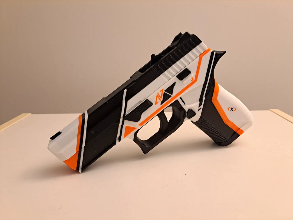 Pistol de Jucarie cu Design Futurist, Alb/Negru/Portocaliu, Plastic PLA