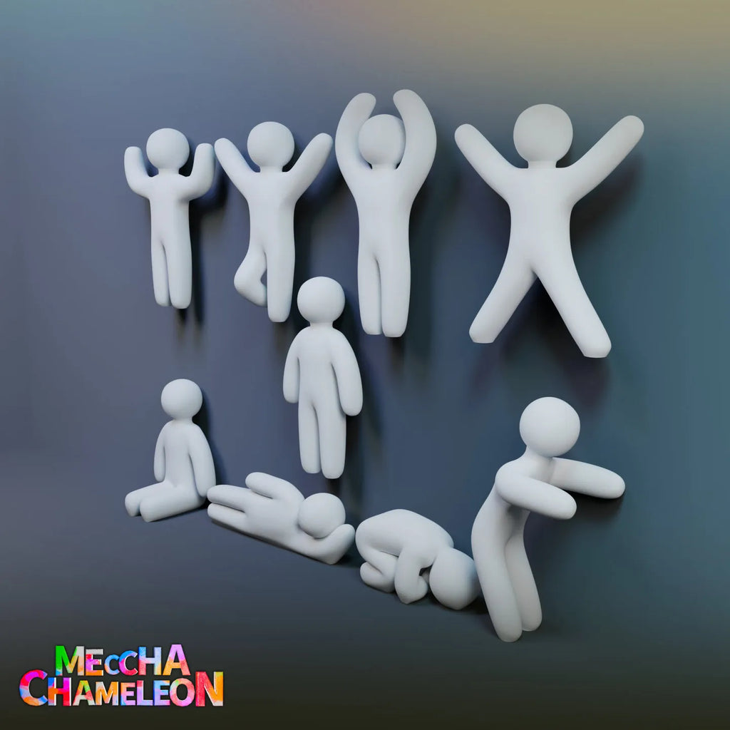 Set 8 figurine Meccha Chameleon, Hide and Seek Challenge, 8 pozitii, alb, plastic, 80x36x10 mm