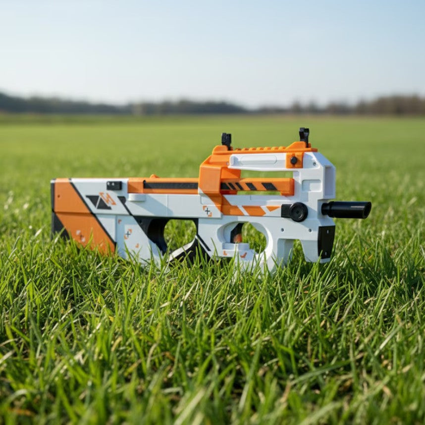 Mitraliera P90 Asiimov, replica realista, 56 cm, Counter Strike 2, CS GO, mecanism propulsat elastice pana la 15m