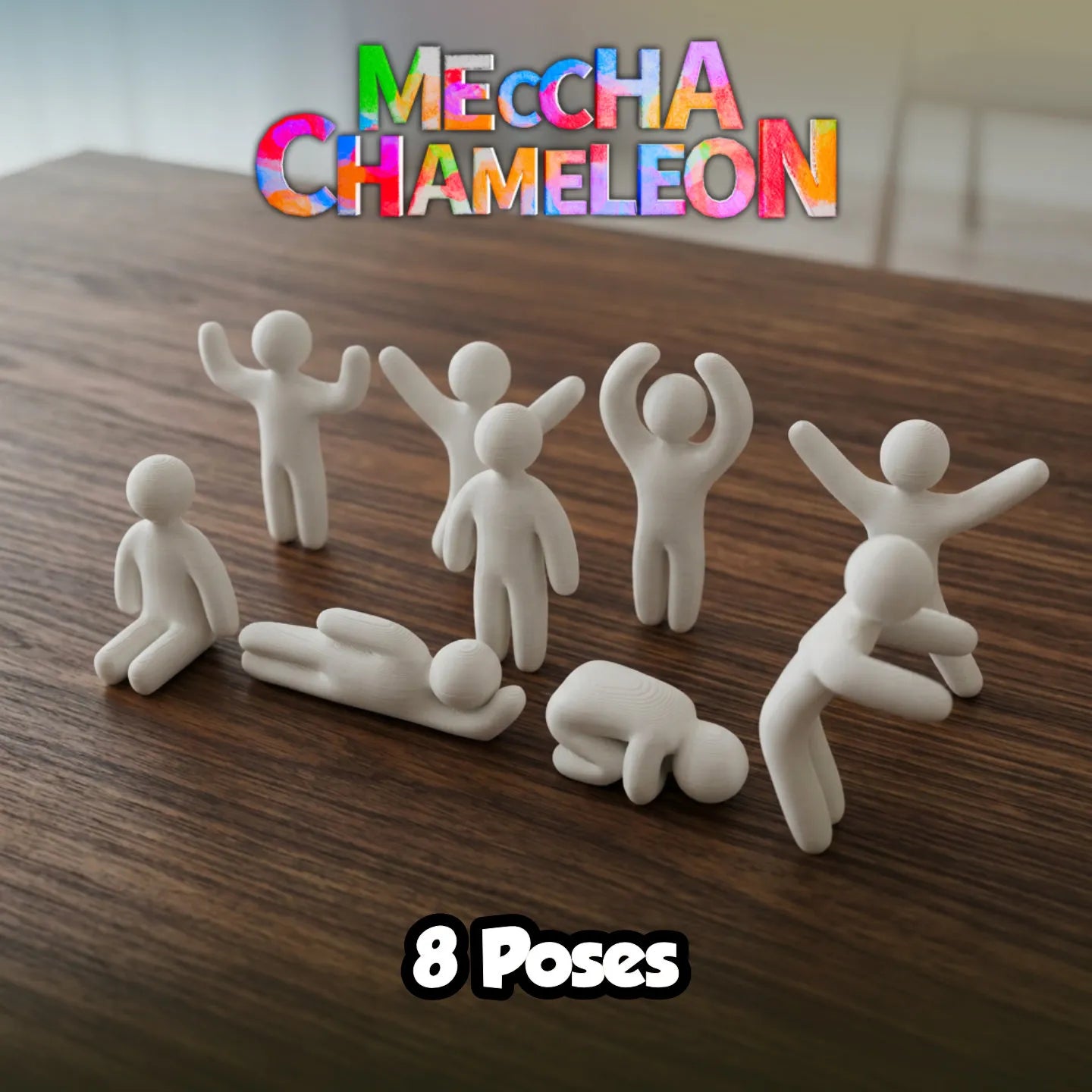 Set 8 figurine Meccha Chameleon, Hide and Seek Challenge, 8 pozitii, alb, plastic, 80x36x10 mm