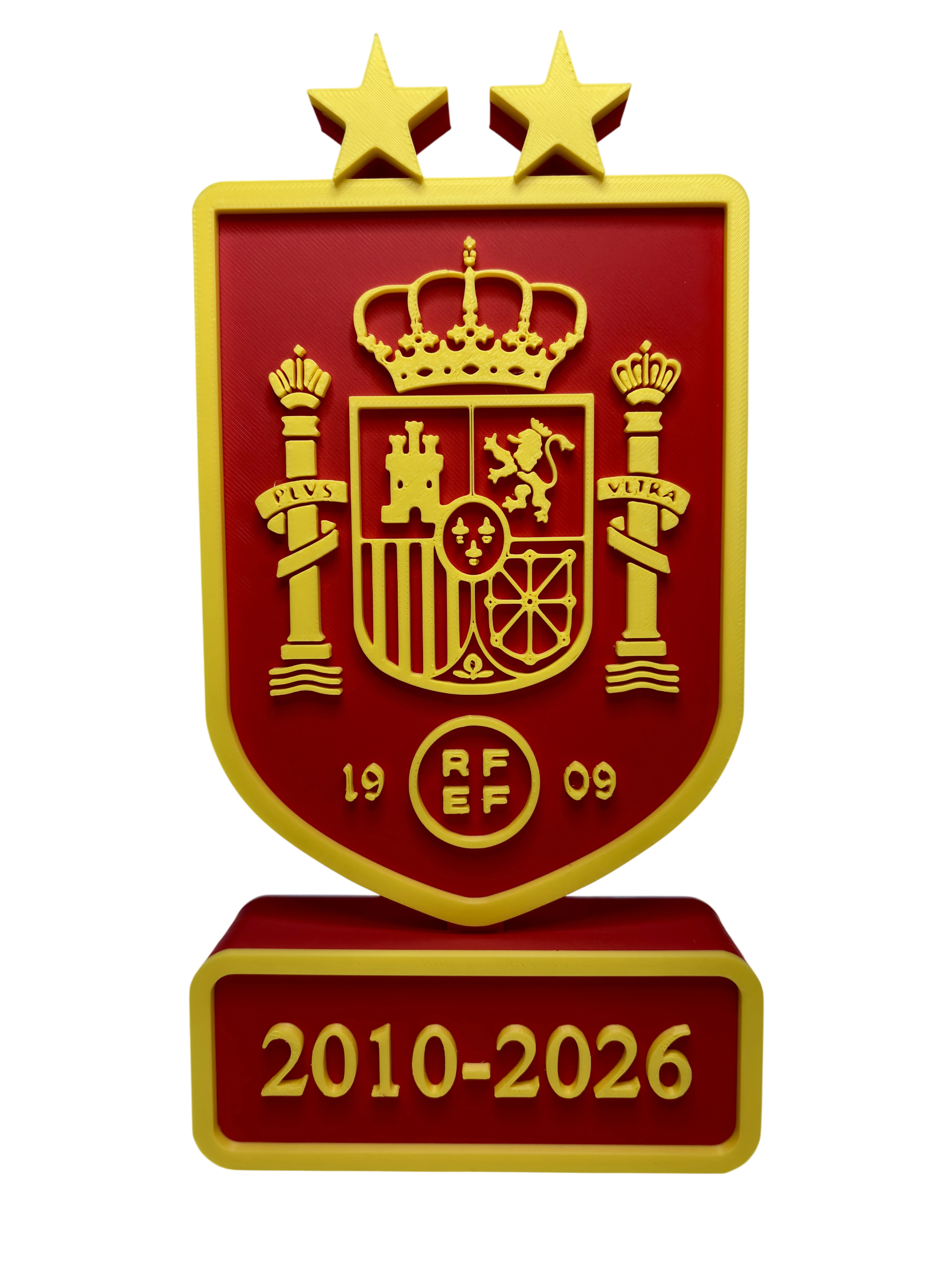 Stand decorativ Echipa Națională de Fotbal a Spaniei, 23 cm, imprimare 3D, design 3D în relief, suport de birou, roșu/galben